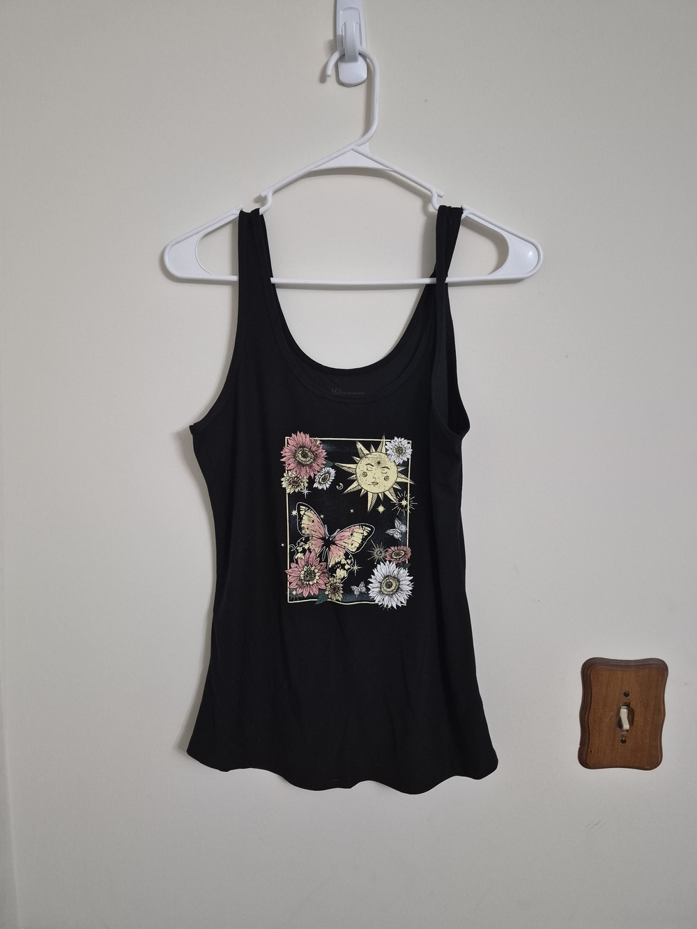 No Boundaries Black Tank Top with Sun, Butterfly & Floral Graphic Size Large